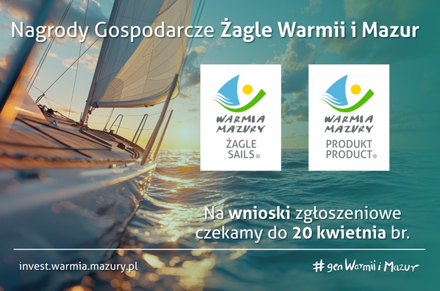 Plansza z napisem Żagle Warmii i Mazur 