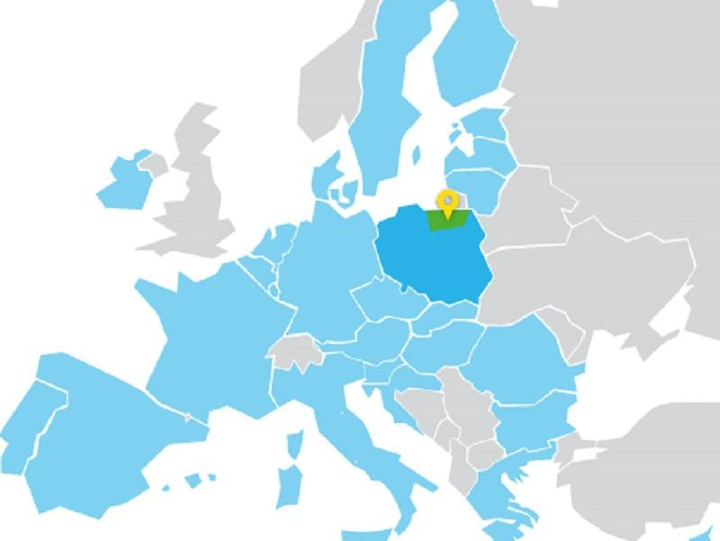 Mapa Europy z zaznaczonym województwem warmińsko-mazurskim 